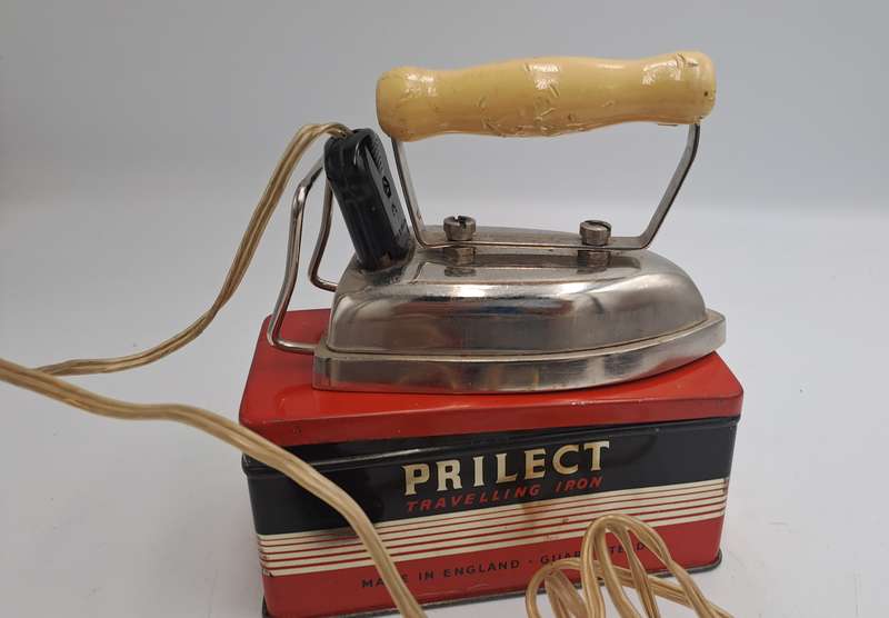 Vintage 1950's PRILECT Travelling Iron in Original Tin Box Cord and Plug