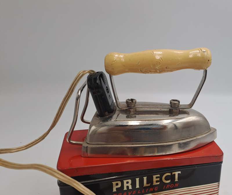 Vintage 1950's PRILECT Travelling Iron in Original Tin Box Cord and Plug