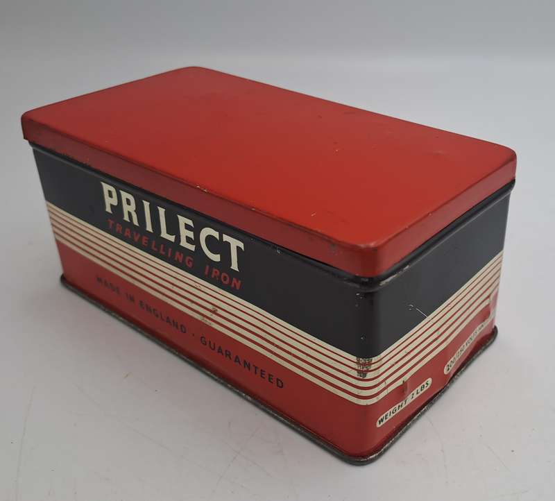 Vintage 1950's PRILECT Travelling Iron in Original Tin Box Cord and Plug