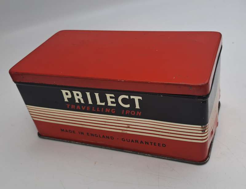 Vintage 1950's PRILECT Travelling Iron in Original Tin Box Cord and Plug