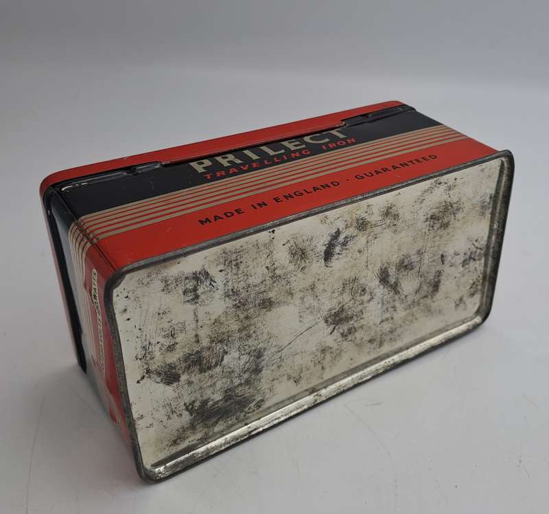 Vintage 1950's PRILECT Travelling Iron in Original Tin Box Cord and Plug