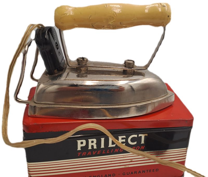 Vintage 1950's PRILECT Travelling Iron in Original Tin Box Cord and Plug