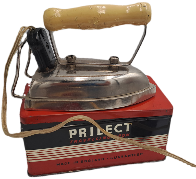 Vintage 1950's PRILECT Travelling Iron in Original Tin Box Cord and Plug