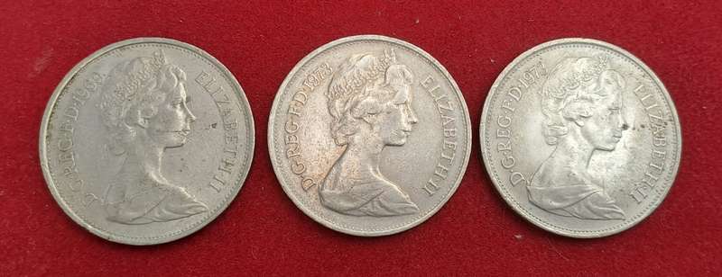 United Kingdom 3 x 10 New Pence - 1969 and 2 x1973 - Elizabeth II 2nd portrait