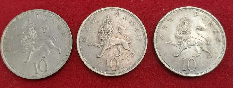 United Kingdom 3 x 10 New Pence - 1969 and 2 x1973 - Elizabeth II 2nd portrait