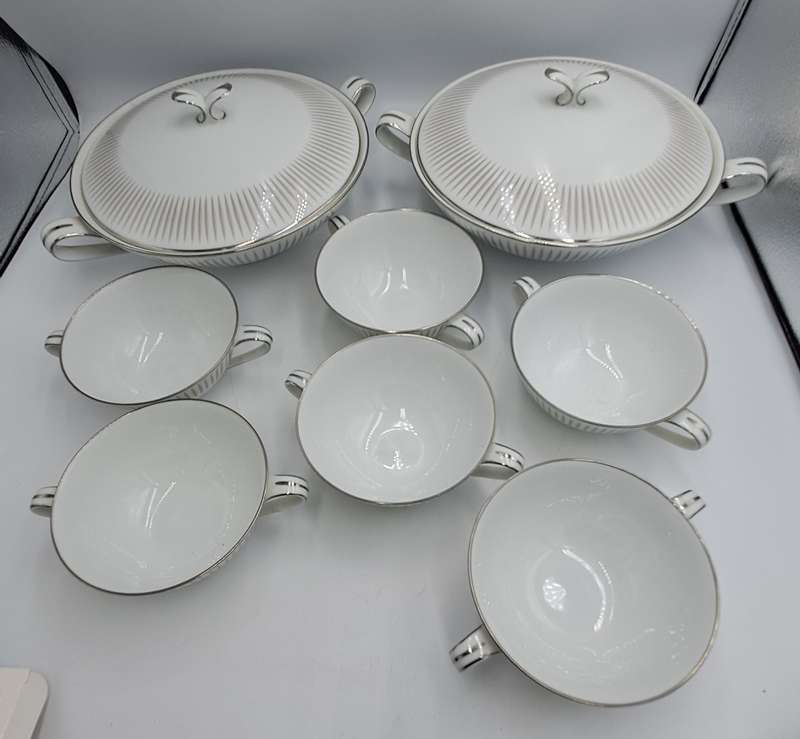 Vintage Noritake BIARRITZ 2 Round Covered Vegetable Tureens and 6 Flat Cream Soup Bowls