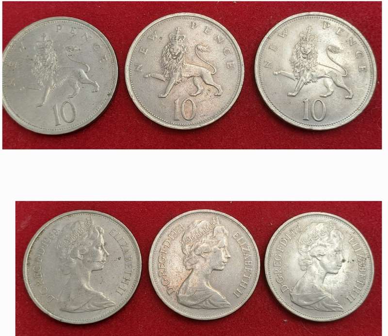 United Kingdom 3 x 10 New Pence - 1969 and 2 x1973 - Elizabeth II 2nd portrait