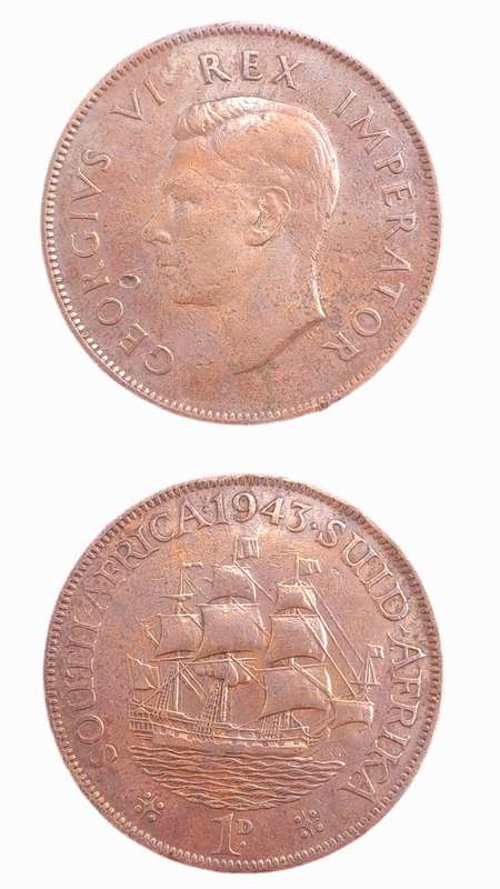 1943 South Africa Union 1 Penny - George VI Rex Imperator