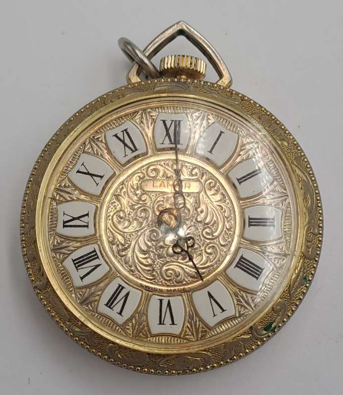 Vintage 1060's Swiss LAMAR Gold Tone Pendant windup watch -Roman Numerals- see condition