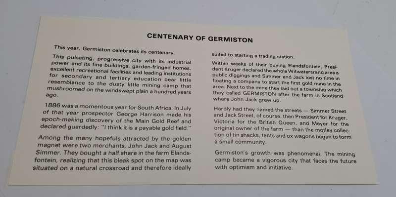 1886-1986 Germiston 100 Year a Century of Progress First Day Cover (3 available)