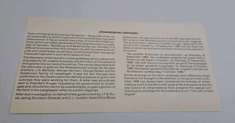 1986 RSA Johannesburg Centenary Commemorate Cover (2 Available)