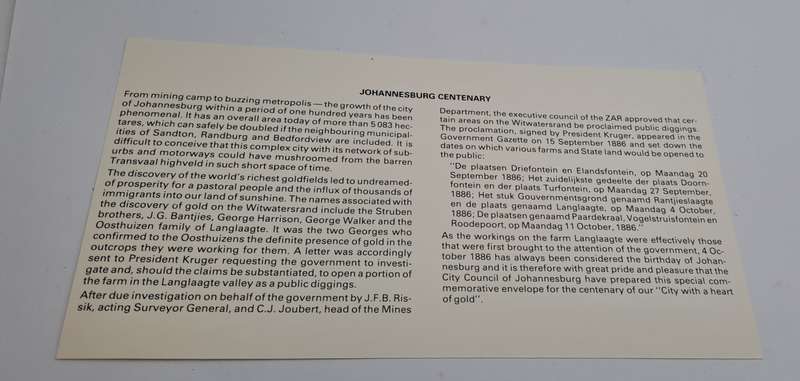 1986 RSA Johannesburg Centenary Commemorate Cover (2 Available)