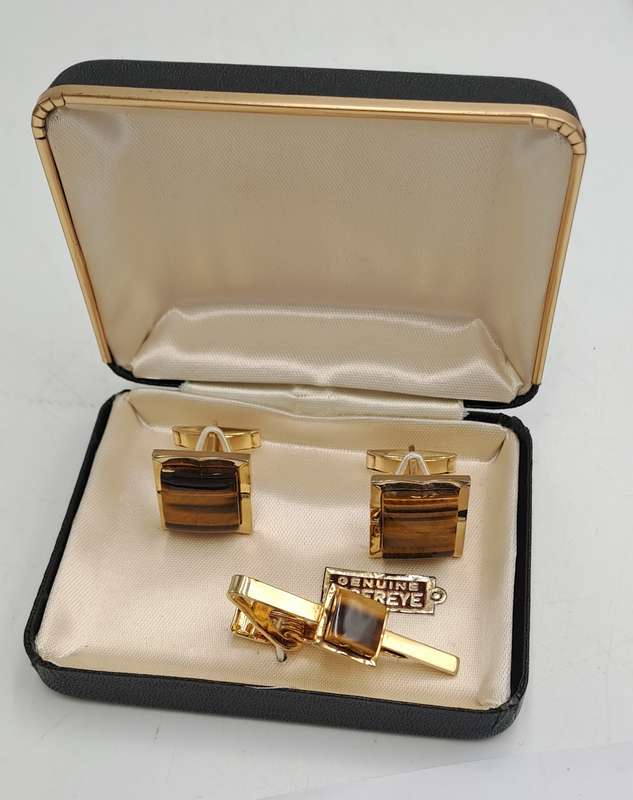 Vintage Genuine Tiger Eye Cufflink and Tie clip set-Boxed