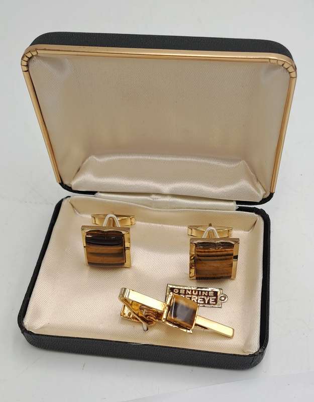 Vintage Genuine Tiger Eye Cufflink and Tie clip set-Boxed