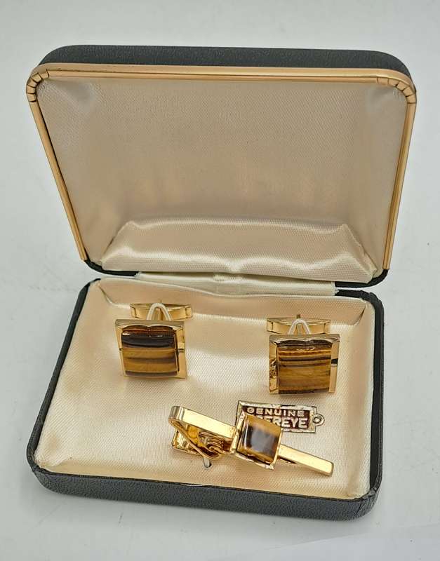 Vintage Genuine Tiger Eye Cufflink and Tie clip set-Boxed