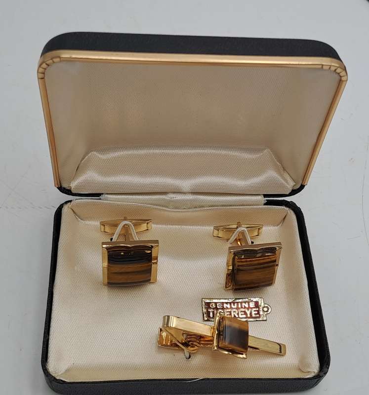 Vintage Genuine Tiger Eye Cufflink and Tie clip set-Boxed