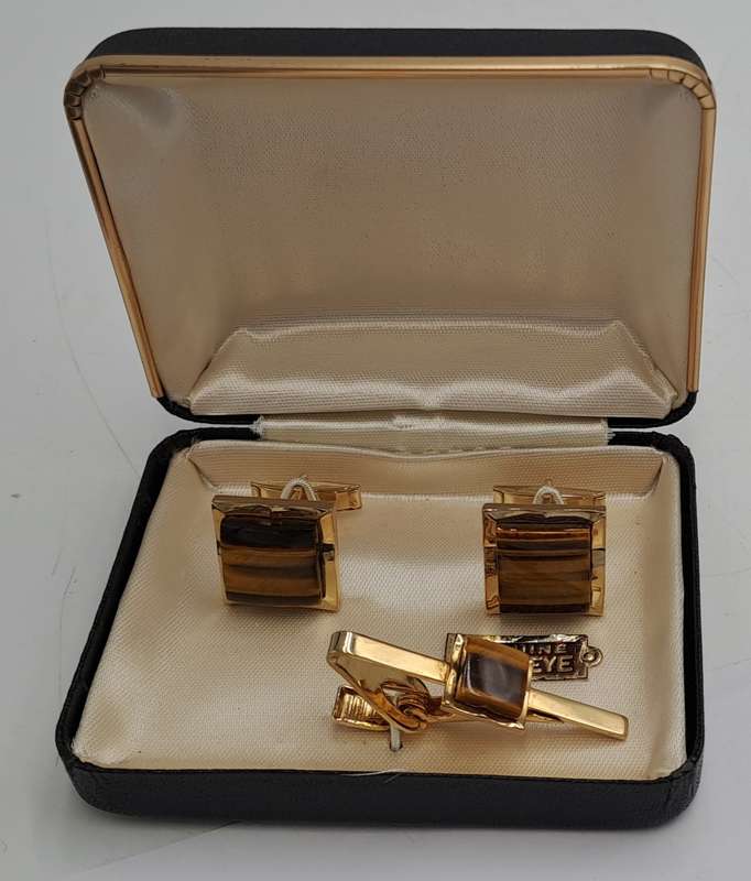 Vintage Genuine Tiger Eye Cufflink and Tie clip set-Boxed