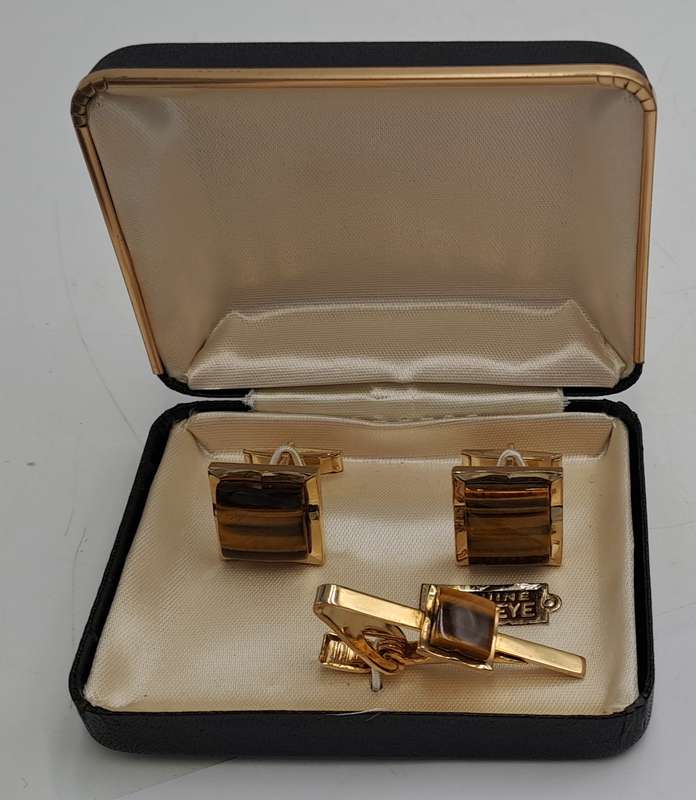 Vintage Genuine Tiger Eye Cufflink and Tie clip set-Boxed