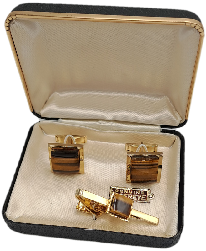Vintage Genuine Tiger Eye Cufflink and Tie clip set-Boxed