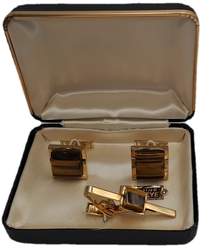 Vintage Genuine Tiger Eye Cufflink and Tie clip set-Boxed