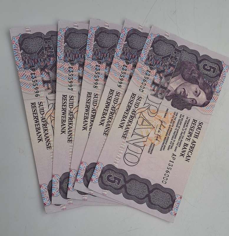 Lot of 5 1989 Gerhard De Kock R5 Notes 3rd Issue In Sequence Uncirculated