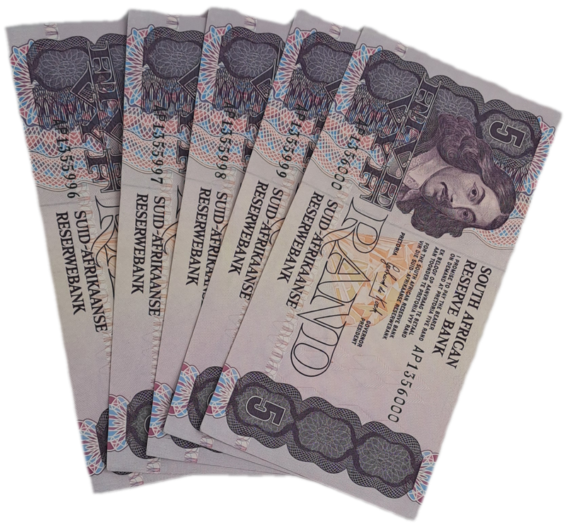Lot of 5 1989 Gerhard De Kock R5 Notes 3rd Issue In Sequence Uncirculated