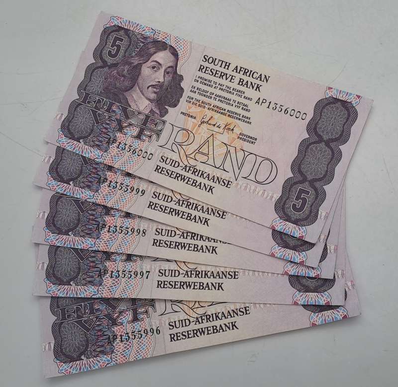 Lot of 5 1989 Gerhard De Kock R5 Notes 3rd Issue In Sequence Uncirculated