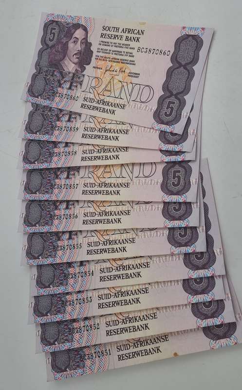Lot of 10 1989 Gerhard De Kock R5 Notes 3rd Issue In Sequence