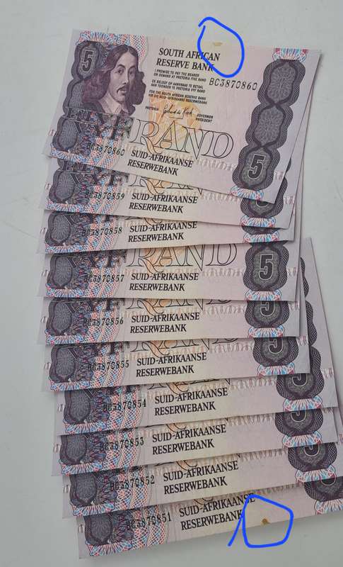 Lot of 10 1989 Gerhard De Kock R5 Notes 3rd Issue In Sequence