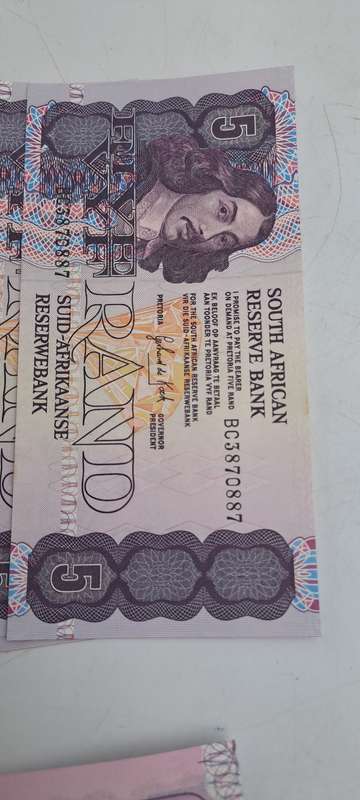 Lot of 10 1989 Gerhard De Kock R5 Notes 3rd Issue In Sequence