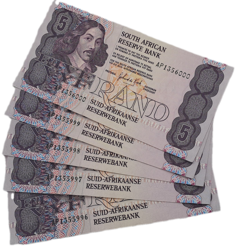 Lot of 5 1989 Gerhard De Kock R5 Notes 3rd Issue In Sequence Uncirculated