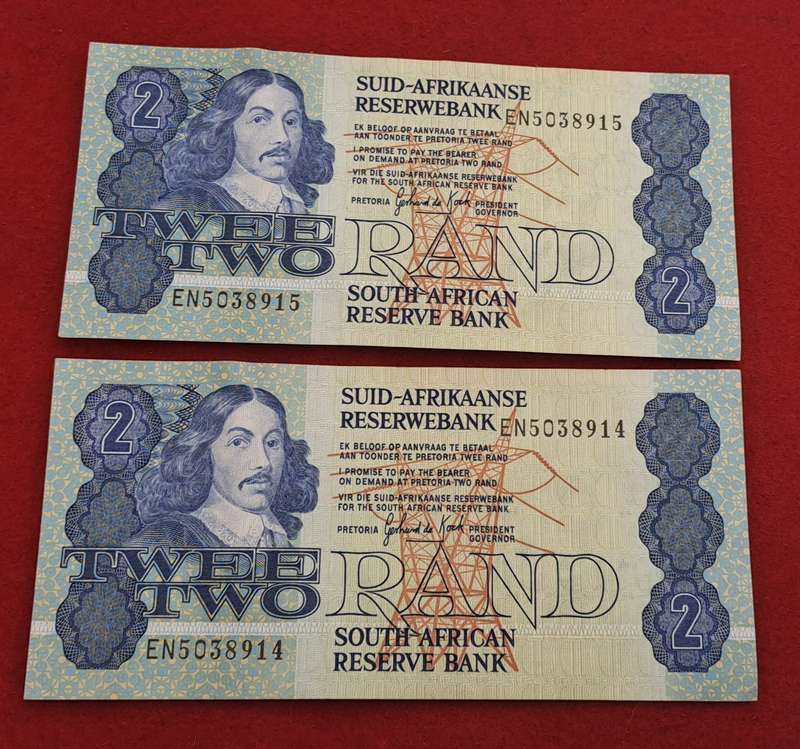 2 x 1984 GPC de Kock 2 Rand Notes -AFR-ENG in sequence  - 3rd Issue - UNcirculated
