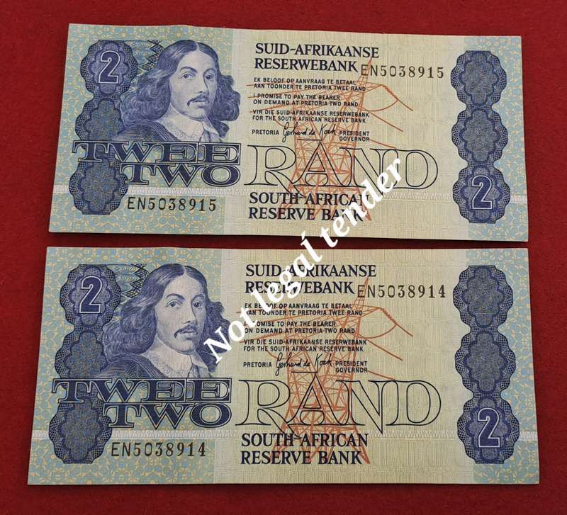 2 x 1984 GPC de Kock 2 Rand Notes -AFR-ENG in sequence  - 3rd Issue - UNcirculated