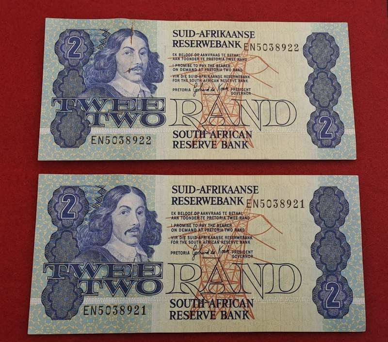 2 x 1984 GPC de Kock 2 Rand Notes-AFR-ENG - 3rd Issue -In Sequence -Uncirculated