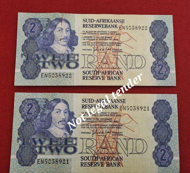 2 x 1984 GPC de Kock 2 Rand Notes-AFR-ENG - 3rd Issue -In Sequence -Uncirculated