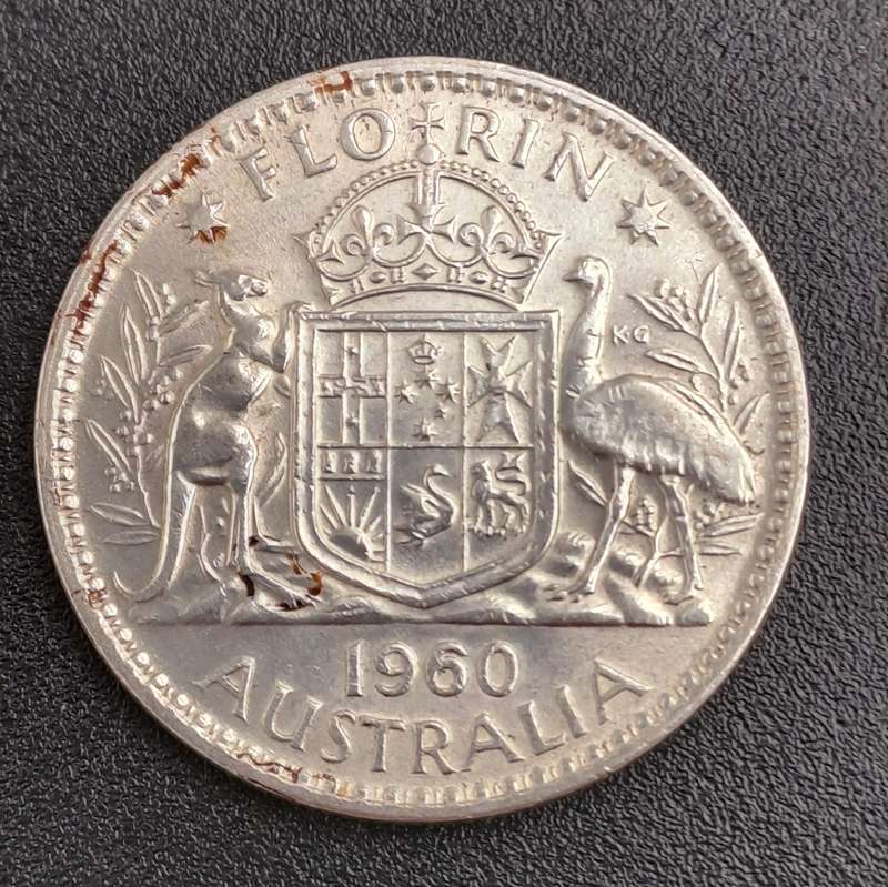 1960  Australia (Silver .500 ) 1 Florin - Elizabeth II 1st Portrait - with "F:D:"