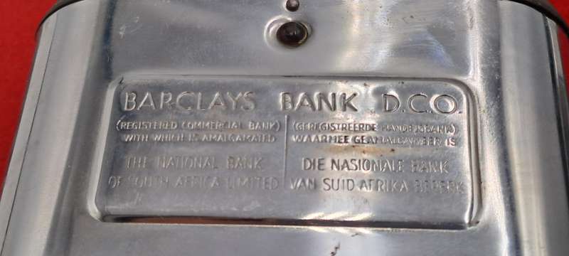 Vintage, chrome Barclays Bank money savings box with Table Mountain coin slot-No Key