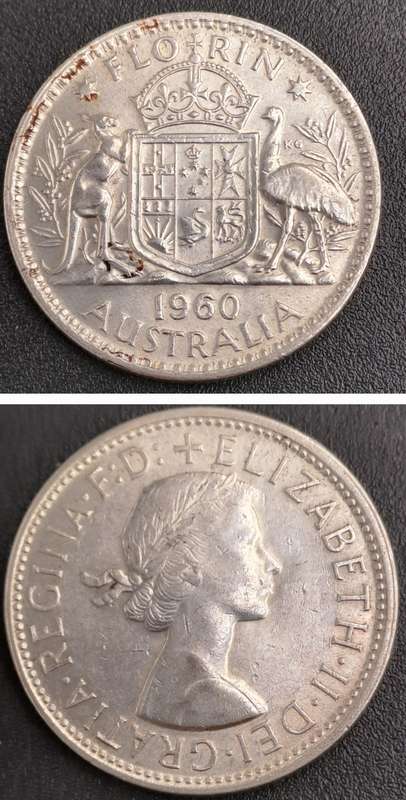 1960  Australia (Silver .500 ) 1 Florin - Elizabeth II 1st Portrait - with "F:D:"