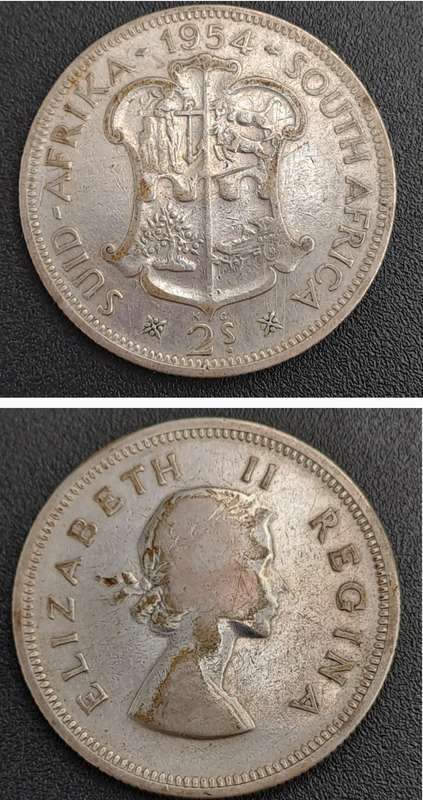 1954 South Africa Silver 2 Shillings - Elizabeth II 1st portrait