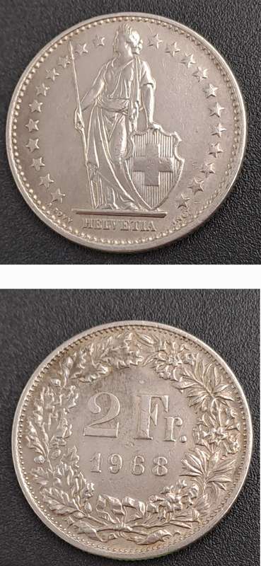 1968 Switzerland 2 Francs Helvetia standing copper-nickel