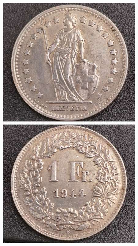 1944 Switzerland SILVER 1 Franc Helvetia standing