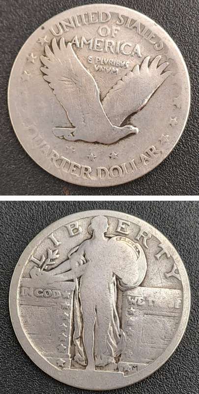 1917 -1930 United States  (Silver .900) ¼ Dollar "Standing Liberty Quarter" Stars Below Eagle