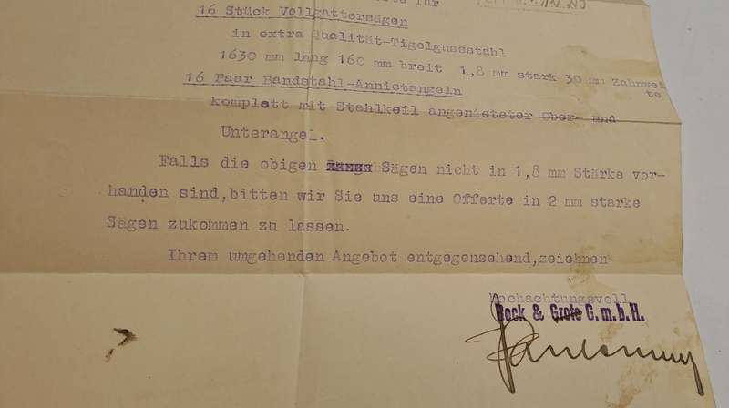 1923 Postal request for invoice of Saw Blades for Bock & Grote Sawmill Hamburg