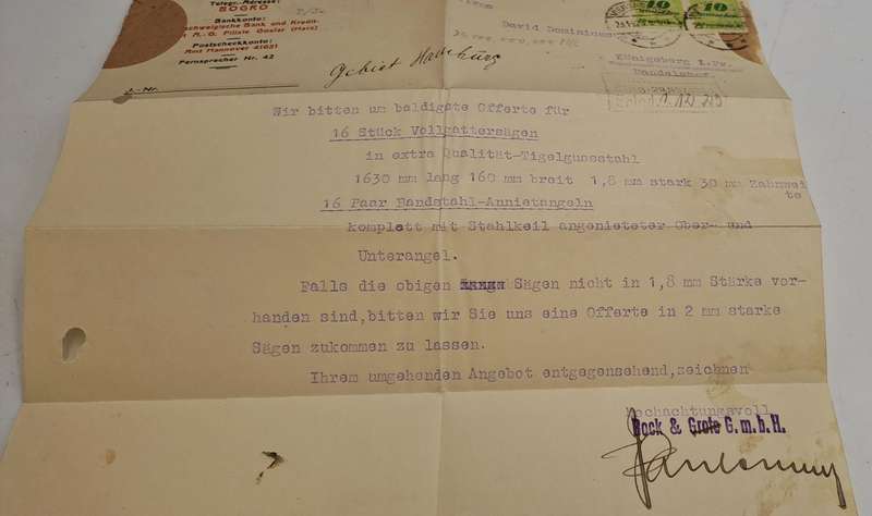 1923 Postal request for invoice of Saw Blades for Bock & Grote Sawmill Hamburg