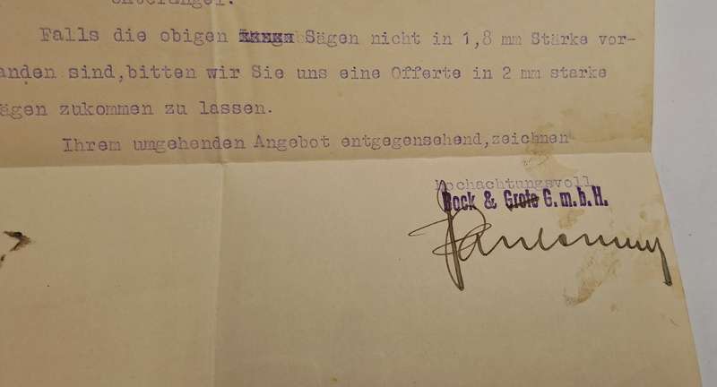 1923 Postal request for invoice of Saw Blades for Bock & Grote Sawmill Hamburg