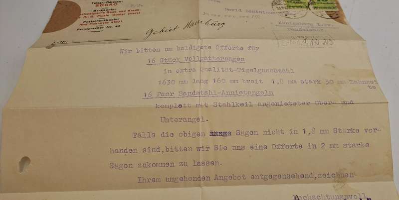 1923 Postal request for invoice of Saw Blades for Bock & Grote Sawmill Hamburg