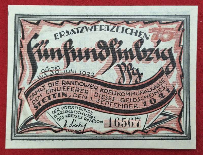 RARE!! 1921- 75 Pfennigs German notgeld  Pomerania, Prussian province of  Rand -Emergency Money