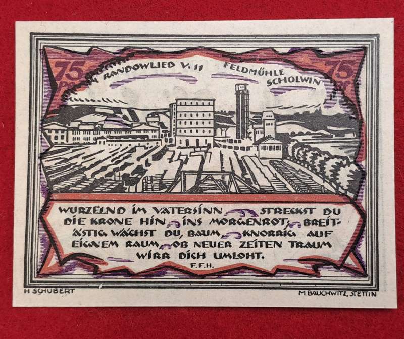 RARE!! 1921- 75 Pfennigs German notgeld  Pomerania, Prussian province of  Rand -Emergency Money