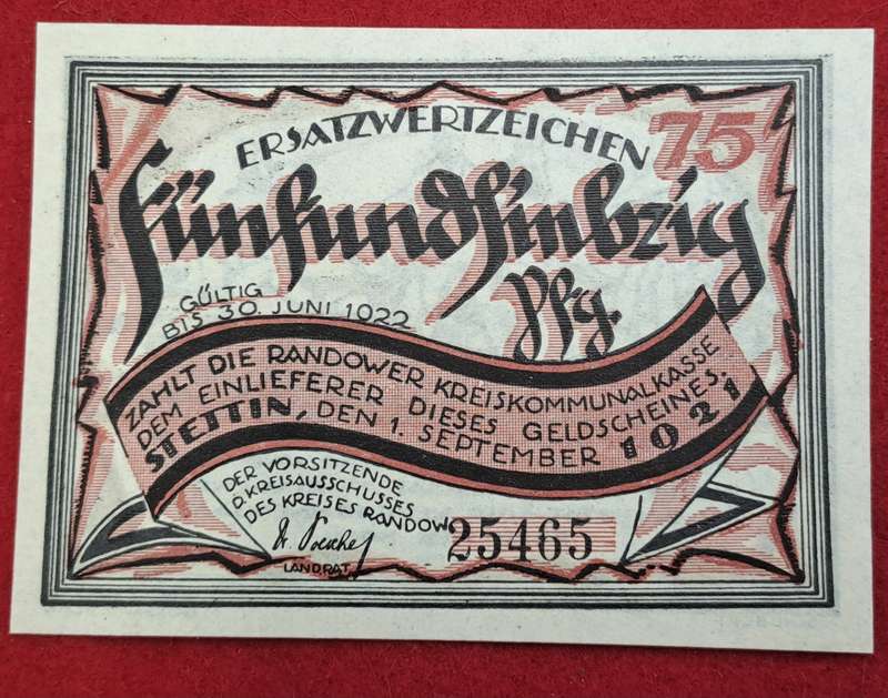 RARE!! 1921- 75 Pfennigs German notgeld  Pomerania, Prussian province of  Rand -Emergency Money