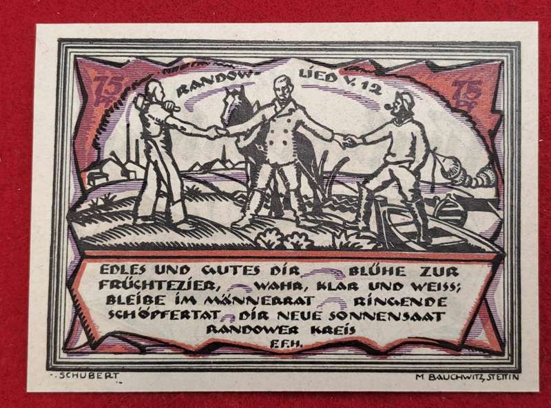 RARE!! 1921- 75 Pfennigs German notgeld  Pomerania, Prussian province of  Rand -Emergency Money